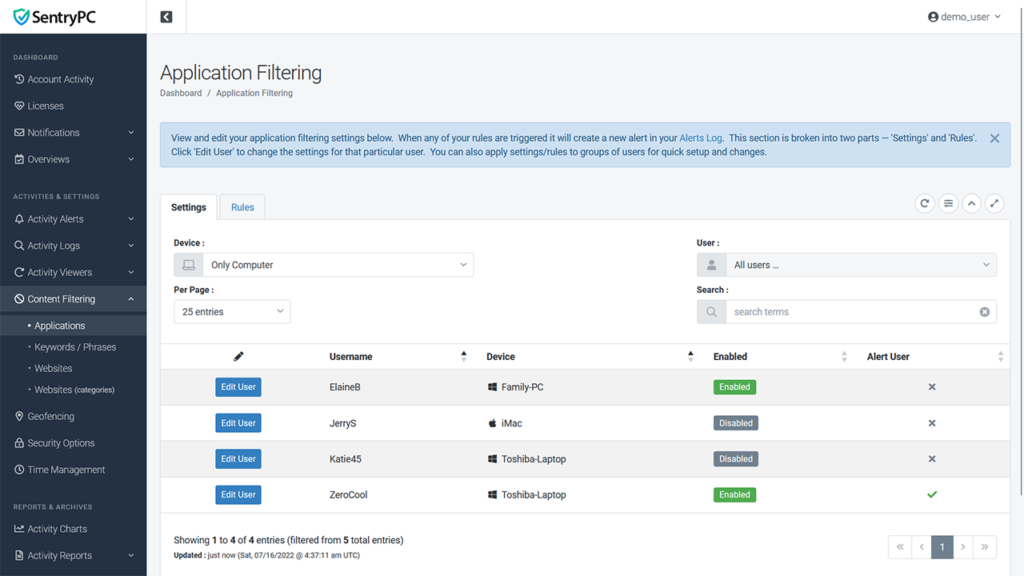 SentryPC Application filtering 