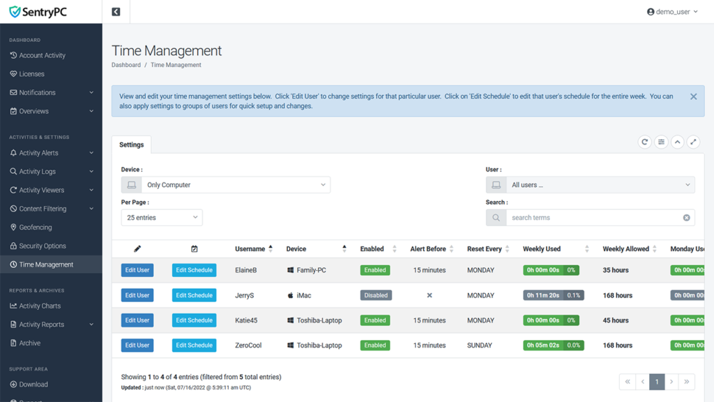 Time management for sentrypc