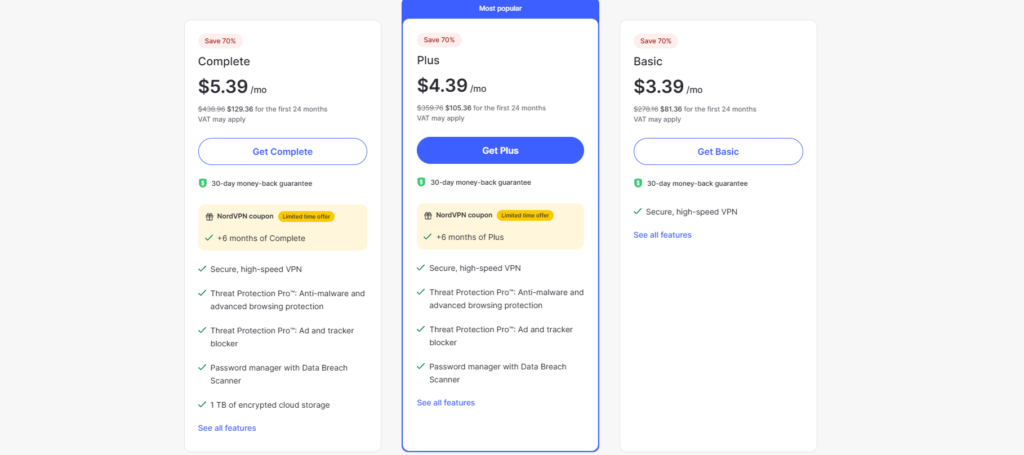 Pricing plan of NordVPN